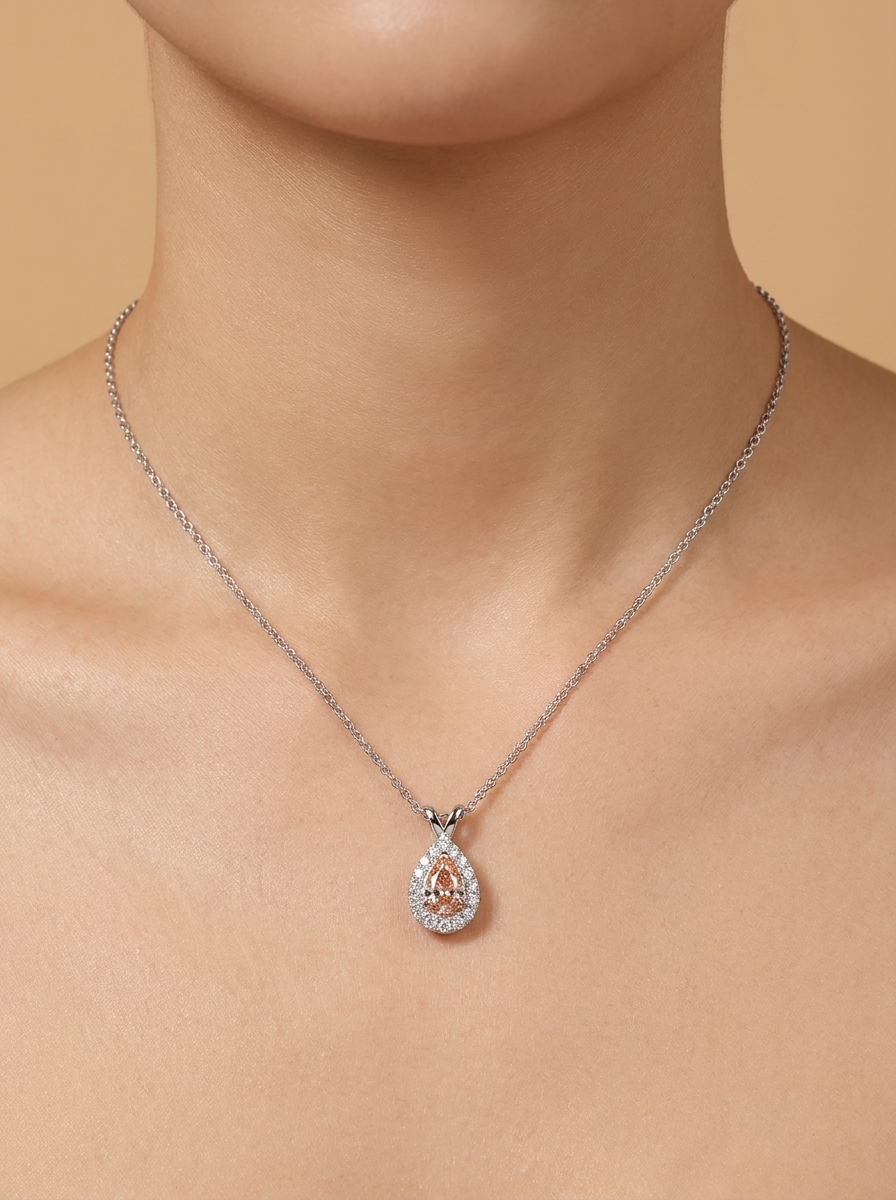 THE BLUSH – 14K White Gold Lab-Grown Fancy Pink Pear Diamond Halo Pendant Necklace 0.33 TCW